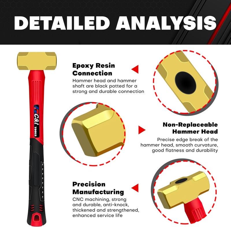 ct 1lb Brass Sledge Hammer,Non-Sparking,Comfortable Fiberglass Handle,1-Pounds,Non-Magnetic,Corrosion Resistant - Image 3
